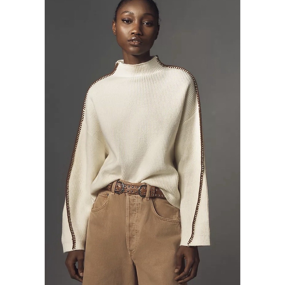 Anthropologie Mock Neck Whipstitch Knit Sweater Oversized Boho Western Wear XS
